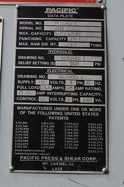 350 TON X 12' PACIFIC HYD. MODEL#FF350-12-I PRESS BRAKE W/ HURCO 5C BACK GAUGE