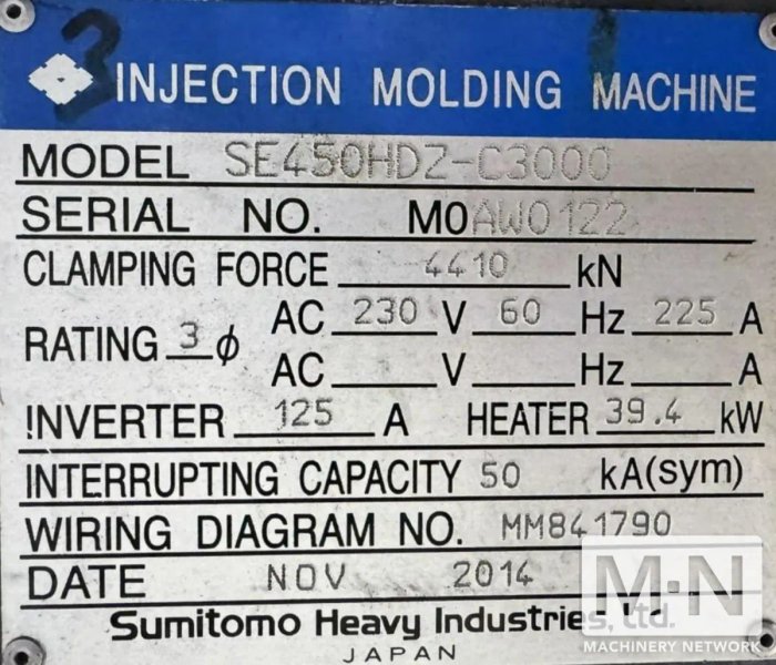 500 TON 61 OZ  SUMITOMO MODEL SE450EV-A-C3000 ELECTRIC INJECTION MOLDING MACHINE MFG 2014/2013 (2) AVAILABLE