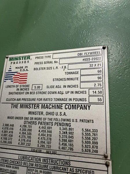 MINSTER 60 TON OBI PRESS, STOCK# 14289J