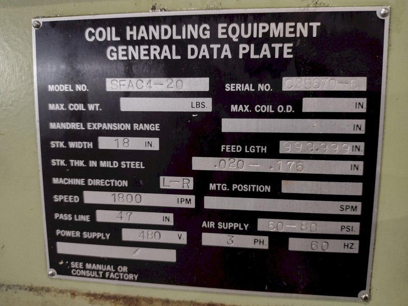 18” X .175”  X 8,000 LBS CWP MODEL #SFAC4-20 SPACE-SAVER AUTOMATIC DOUBLE END SERVO COIL FEED LINE: STOCK #22215
