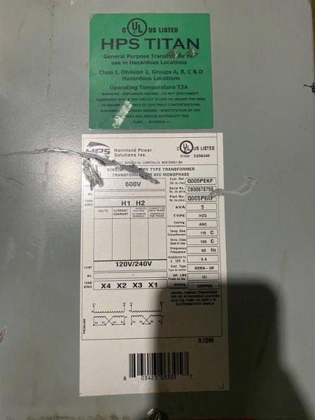 Hammond Power Solutions – Q005PEKF Transformer 600V – 120/240V, 5 kVA USED