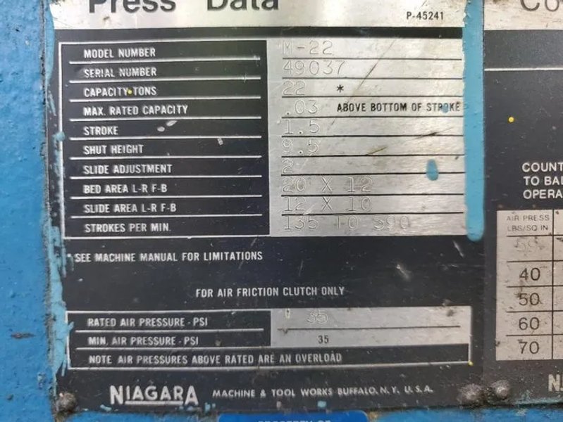 NIAGARA 22 TON OBI FLYWHEEL PRESS, STOCK# 14234J