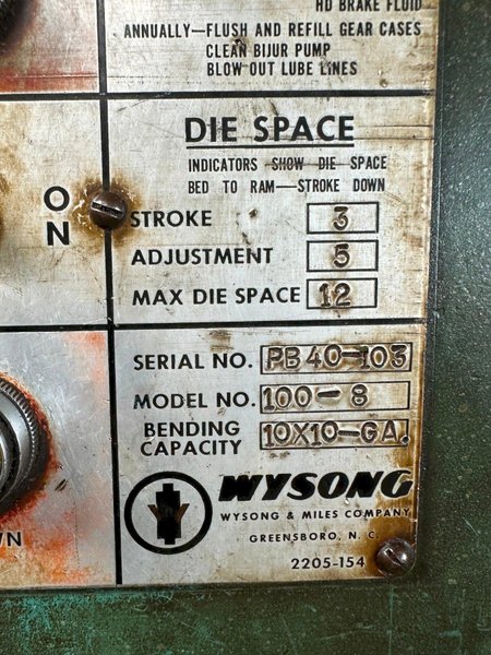 100 TON X 10' WYSONG MODEL #100-8 MECHANICAL PRESS BRAKE: YOBRO #26143