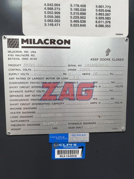 Cincinnati Milacron Used MM725 Injection Molding Machine, 725 US Ton, 460V