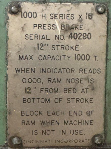 1000 TON x 20' CINCINNATI MODEL #1000H HYDRAULIC PRESS BRAKE: STOCK #23424