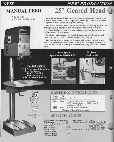 25" WILTON STRANDS MODEL #79208 SINGLE SPINDLE GEARED HEAD DRILL PRESS: YOBRO #24558