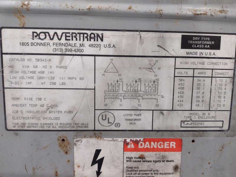 30 KVA POWERTRAN 480 VOLT - 208Y/120 VOLT 3 PHASE ELECTRICAL TRANSFORMER: STOCK 19695