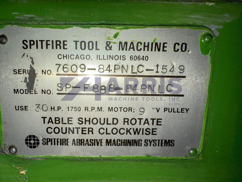 84" SPITFIRE, MODEL 84PNLC, (4) PNEUMATIC HOLD DOWNS, CONDITIONING RINGS, VARIABLE SPEED TABLE, DRIP SYSTEM