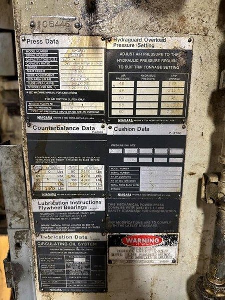 250 Ton NIAGARA E-250 OBS / Gap Frame Used Mechanical Metal Stamping Press For Sale, Under Power!