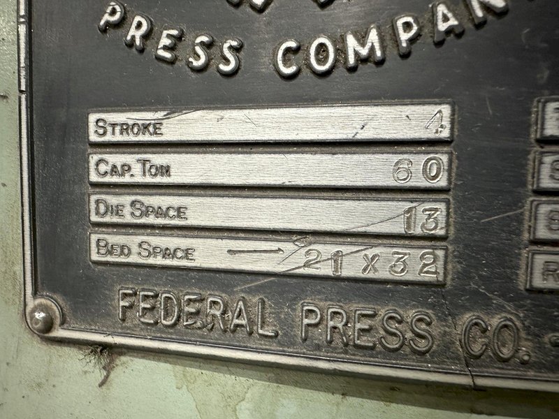 60 TON FEDERAL MODEL #60 OBI PUNCH STAMPING PRESS, 4" STROKE: STOCK #20995