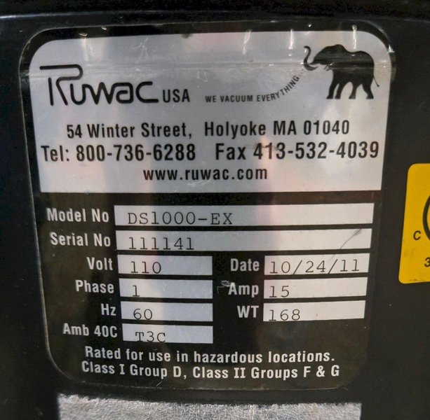 RUWAC DS1000-EX INDUSTRIAL VACUUM EXPLOSION-PROOF USED