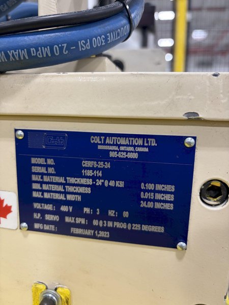 24" Colt Servo Press Feed Line New (2023) 24" x 8,000 Lbs Motorized single end coil reel, 24' Wide Servo press feed x 24" x 0.100" max thickness,with Unist uni roller stock oiler,Over arm,Photo electric eye Like new condition