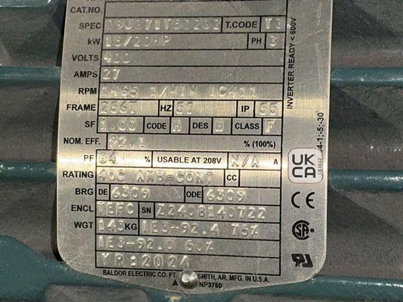 Baldor-reliance 20hp, 1465rpm Severe Duty Motor - 09j371t502g2