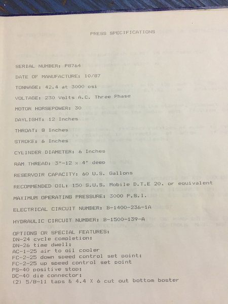 40 TON NEFF C-FRAME DOWN ACTING HYDRAULIC PRESS, 6" STR, 12" DLO, 8" THROAT, 22.5" LR X 12.5" FB BA, OPEN BACK FRAME, 1987
