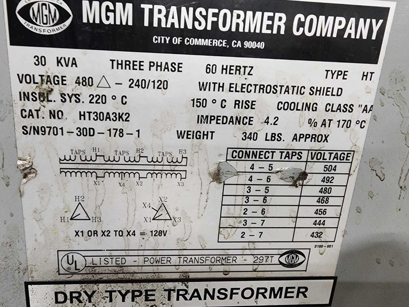30 KVA 3 PHASE MGM TRANSFORMER CO TRANSFORMER: STOCK #20516
