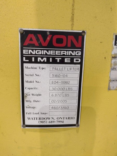 30,000 LBS AVON ENGINEERING LIMITED MODE 5160-04 PALLET/SHEET LIFTER: STOCK #23559