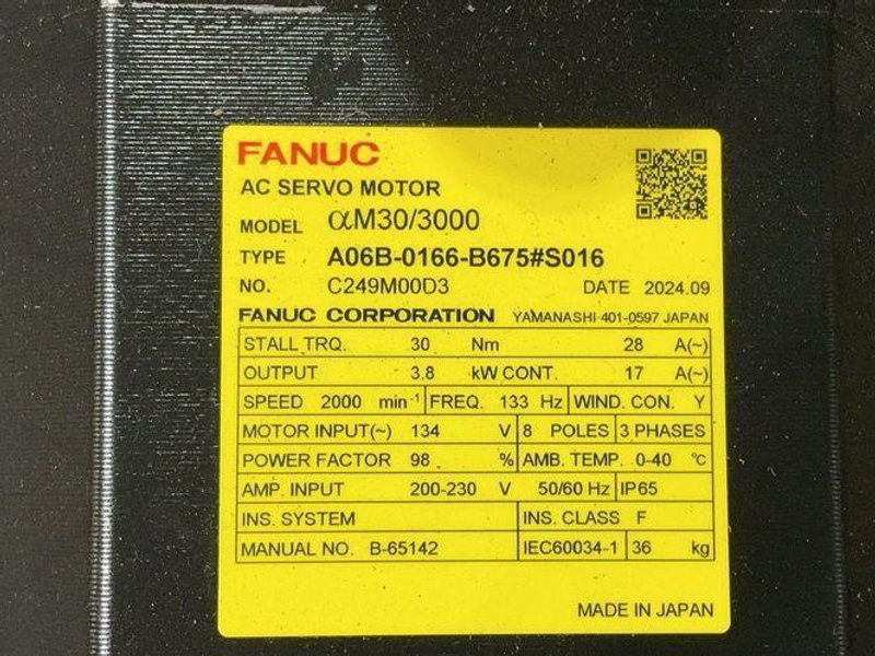 FANUC 2000RPM AC SERVO MOTOR  -  A06B-0166-B675#3000