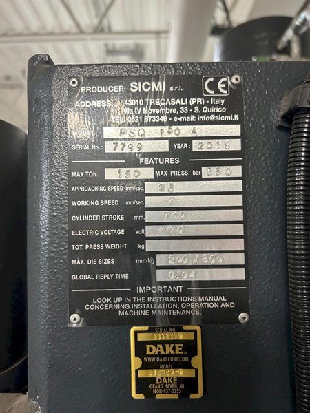 150 TON DAKE MODEL #PSQ 150A HYDRAULIC 4-POST PRESS, 2018: STOCK #21942