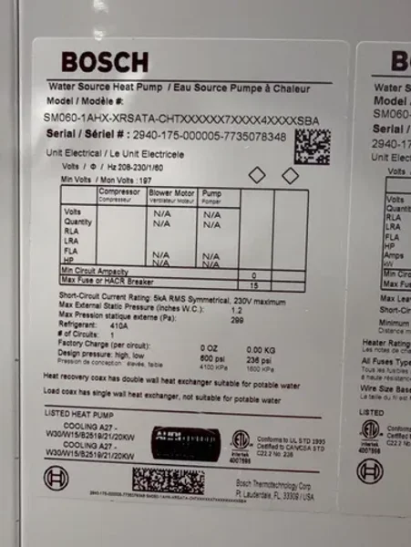 BOSCH WATER SOURCE HEAT PUMP  -  SM060-1AHX-XRSATA-CHTX