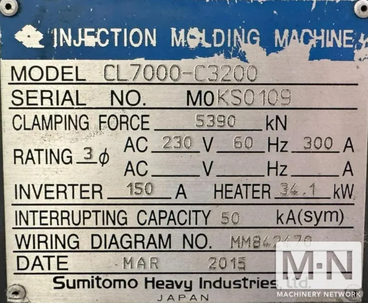 605 TON 61 OZ OR 32.7 OZ . SUMITOMO MODEL CL7000-C3200 ELECTRIC INJECTION MOLDING MACHINE MFG 2016/2015 (2) AVAILABLE