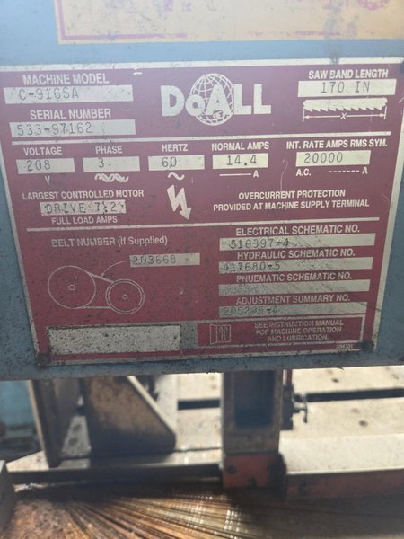 9" X 16" DOALL MODEL C-916SA HORIZONTAL BANDSAW. STOCK # 0559825