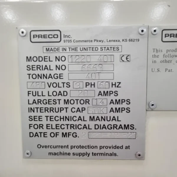 2021 Preco Model 1220-40T Hydraulic Die Cutting Press