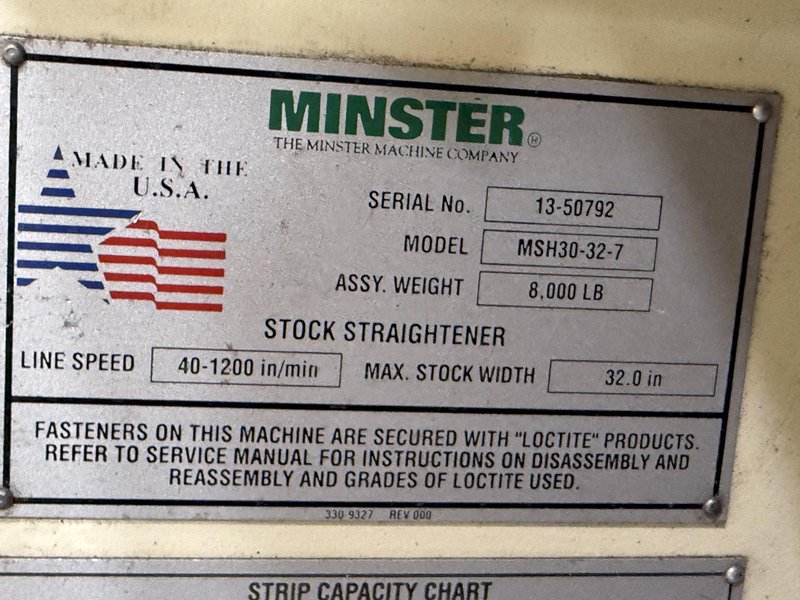 24,000 lbs. x 32&quot; Width Minster Coil Reel and Minster Powered Straightener,  Model#MRH20-38S &amp; MSH30-32-7, Year 2007