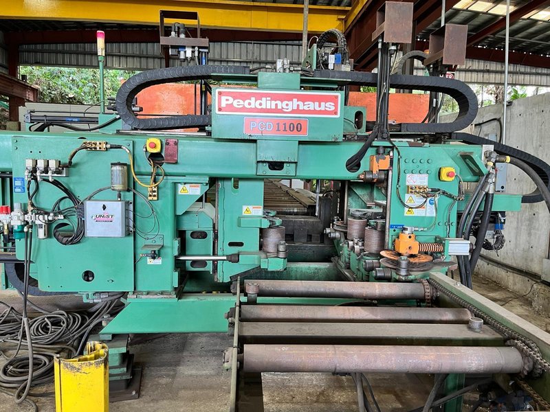 Peddinghaus PCD-1100/3B 3-Head Automated Beam Drill Line, 2018 – Power Conveyor, Transfer Table, Horizontal Band Saw