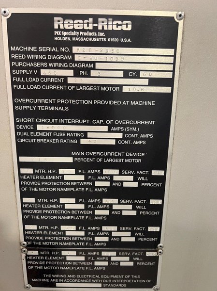 Reed Model A25 3 Die Cylindrical Die Thrufeed/Infeed Thread Rolling Machine