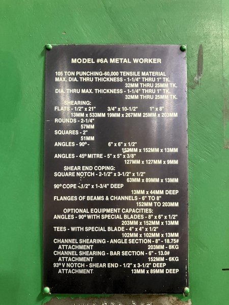 105 TON HILL-ACME MODEL 6A HYDRAULIC IRONWORKER. STOCK #  1121024