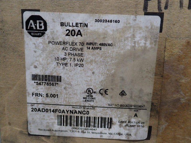 ALLEN BRADLEY 10 HP SERIES A POWERFLEX70  -  20AD014A0AYNANC0