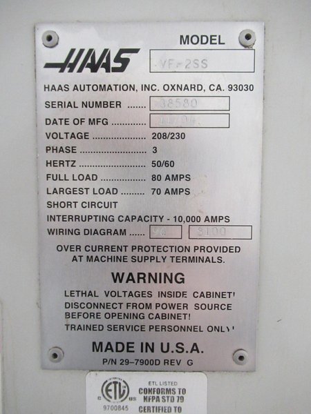 Haas VF-2SS CNC Vertical Machining Center- Auction Item