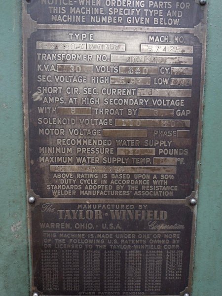 30 KVA X 8&quot; TAYLOR WINFIELD AIR OPERATED SPOT WELDER: STOCK #20249