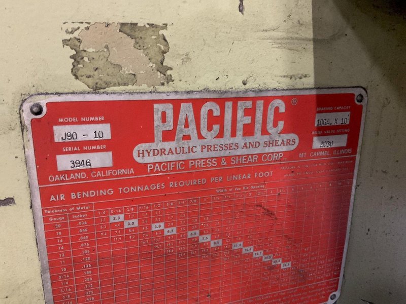 90 TON X 10' PACIFIC: MDL J90-10 HYDRAULIC PRESS BRAKE: STOCK #81216