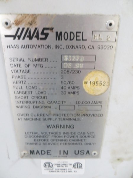 Haas HL-2 CNC Turning Center with Programmable Tailstock- Auction Item