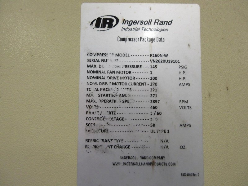 Ingersoll Rand R160N-W 200 HP Rotary Screw Air Compressor – 145 PSI – 460V 3PH – Nirvana VSD- Auction Item