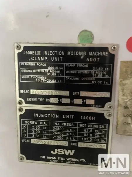 500 Ton 45 Oz JSW J500ELIII-1400H Electric Injection Molding Machine, mfg 2006/2005 (2) AVAILABLE