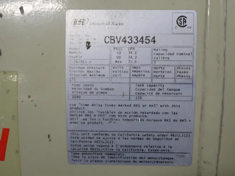 Ingersoll Rand (2) 3//5 Hp Air Compressor - 2-2475es-p