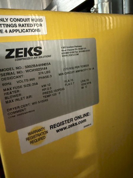 Zeks model 500ZBA4HN03A 500 cfm compressed air dryer s/n WCH1023144, 2 hp