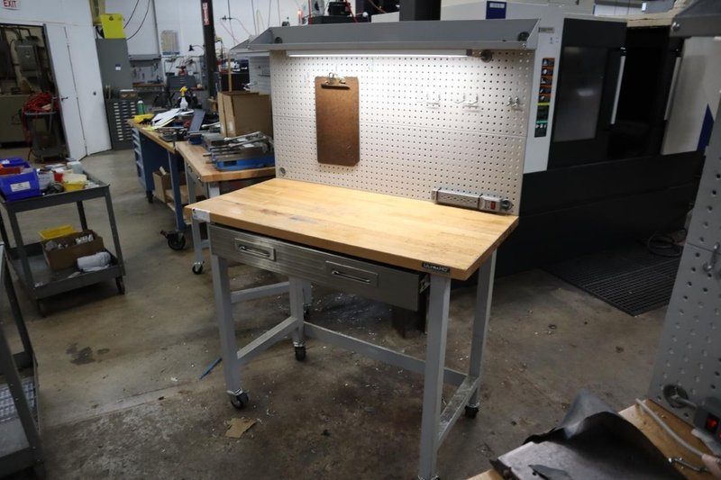 Portable Work Bench with Maple Top, Upper Shelf, Drawer, Work light- Auction Item