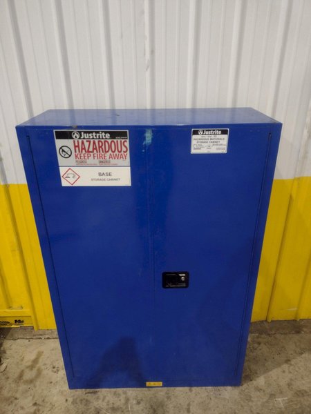 2 DOOR JUSTRITE HAZARDOUS MATERIALS STORAGE CABINET, 43” X 18” X 65” HIGH: YOBRO #24504