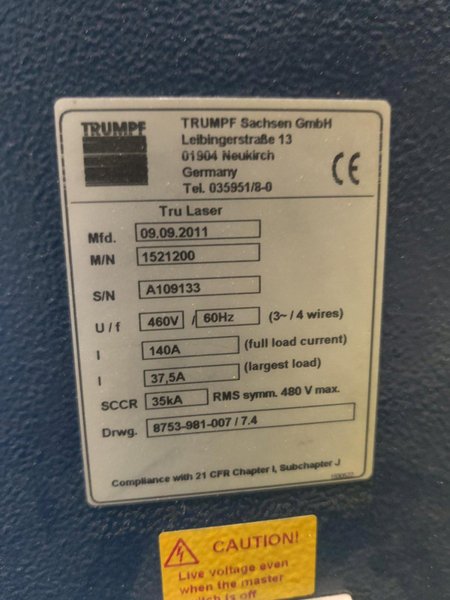 6,000 WATT TRUMPF TRULASER 8000 WITH TRUFLOW 6KW RESONATOR. STOCK # 0690524