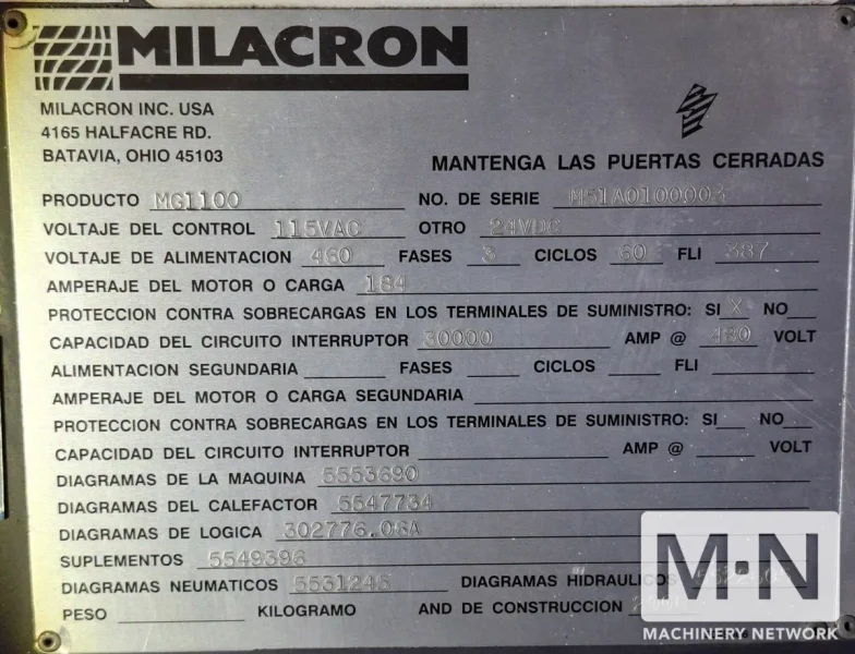 1100 TON 232 OZ CINCINNATI MILACRON MODEL MG1100 INJECTION MOLDING MACHINE MFG  2006