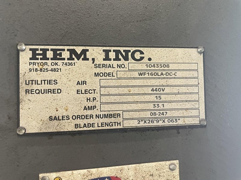 30" X 25" HEM MODEL WF160LA-DC AUTOMATIC HORIZONTAL BANDSAW STOCK # 2931