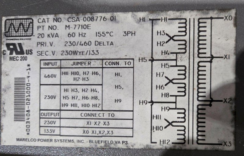 MARELCO POWER SYSTEMS M-7710E 20KVA 230V TRANSFORMER USED