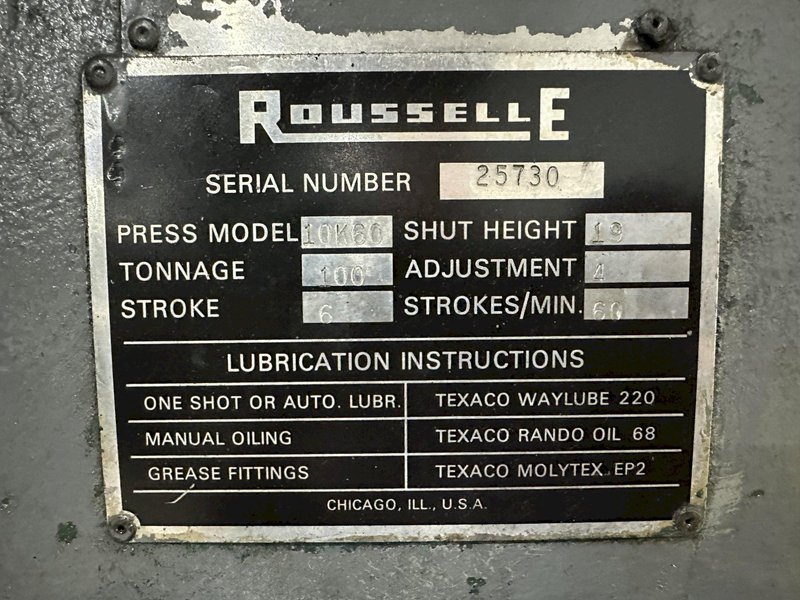100 TON ROUSSELLE MODEL #10K60 GAP FRAME STAMPING PRESS 6&quot; STROKE: STOCK #23649