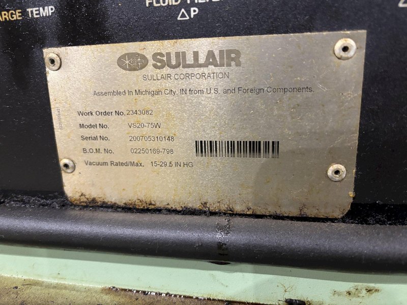 75 HP SULLAIR MODEL #VS20-75W ROTARY SCREW VACUUM SYSTEM: STOCK #22502