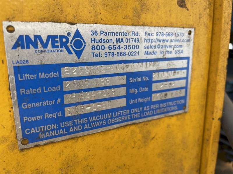 2500 LBS X 40' ANVER MODEL #E250-112-406-6/4 IPE VACUUM SHEET LIFTER. STOCK # 2755