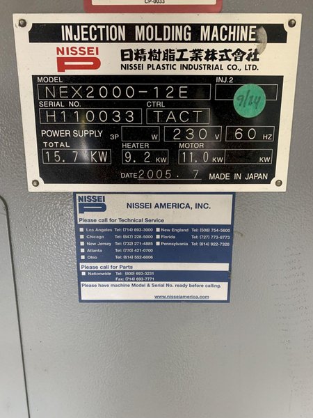 Nissei Used NEX2000-12E Injection Molding Machine, 121 ton, Yr. 2005, 2.6 oz.