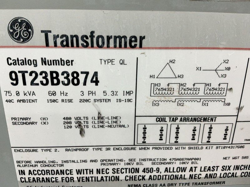 GENERAL ELECTRIC 75 KVA TRANSFORMER  -  9T23B3874